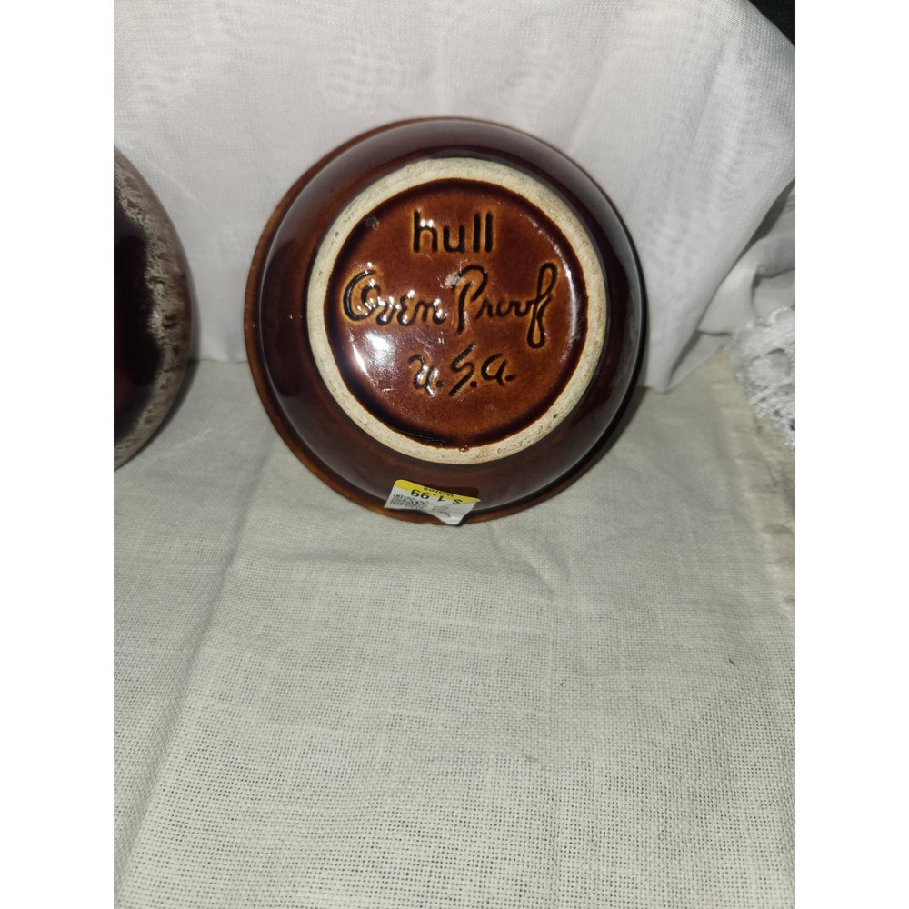 Vintage Hull Pottery Mirror Brown Drip Glaze Bowls Set of 2 Oven Proof USA Made